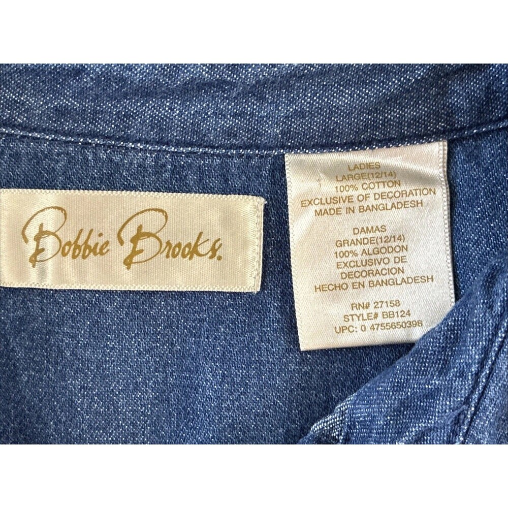 Vtg 90s Y2K Bobbie Brooks Denim Shirt Sz L Blue Floral Embroidery Red Plaid Trim - Picture 2 of 13
